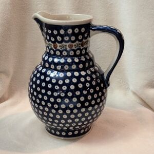 Blue and White Polka Dot Ceramic Pitcher "Boleseawiec" Hand-made In Poland